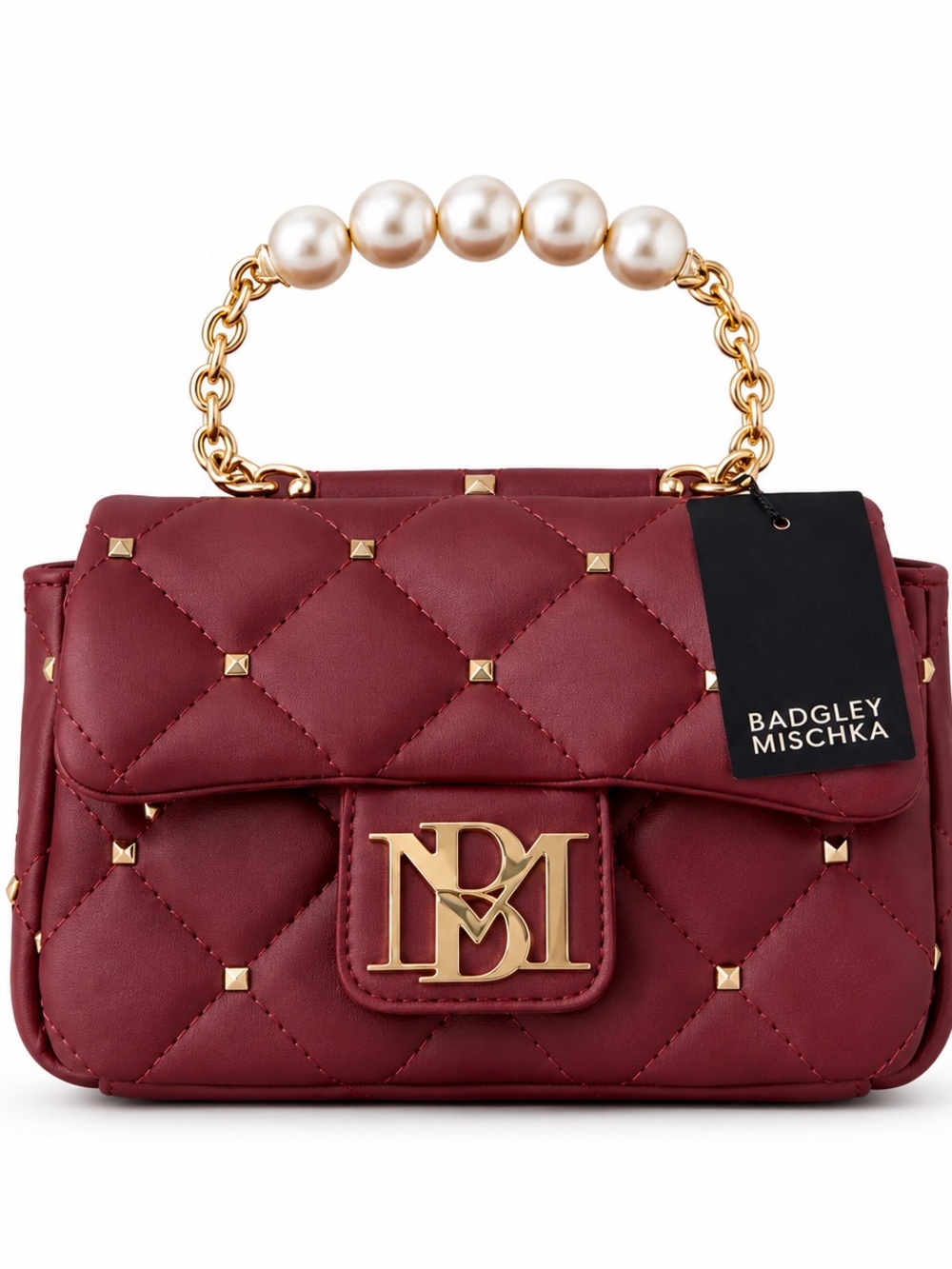 Badgley Mischka Wine Red Pearl Handle Mini Clutch Convertible Crossbody Bag NWT